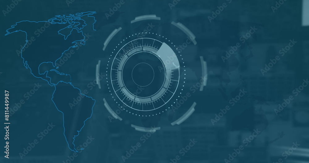 Obraz premium Image of digital interface and data processing over world map on blue background