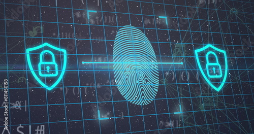 Image of fingerprint, padlock in shield over dots forming globe shapes against galaxy