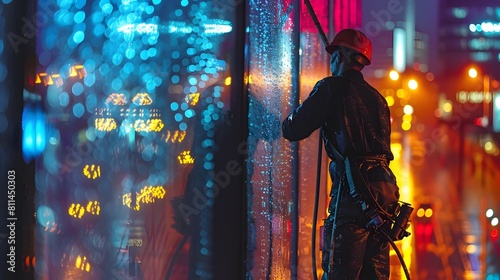 Window Cleaner at Work in Neon City Nightscape with Dramatic Reflections photo