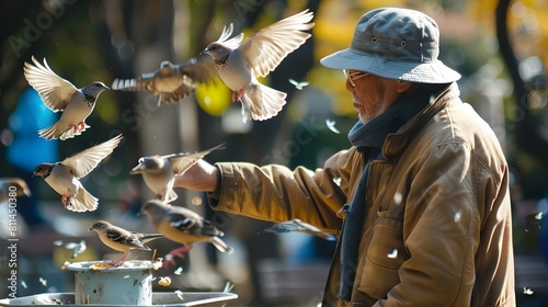 Birdkeeper Interacting with a Flock of Birds in a City Park photo