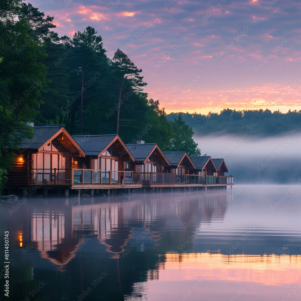 Fototapeta premium Lakeside Cabins at Dawn Mockup: Tranquil Water Reflecting Serene Mornings