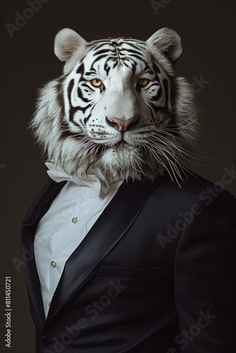 White tiger in a sharp suit, posing for a studio portrait. Exudes sophistication and power with a touch of wild elegance. 🐅👔📸 photo