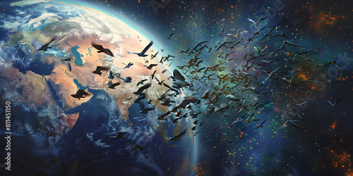 earth planet in splash of water on dark background. view of outer space bird flying in the air. 