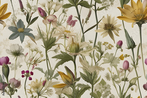 A seamless pattern of Victorian Pressed Flowers.