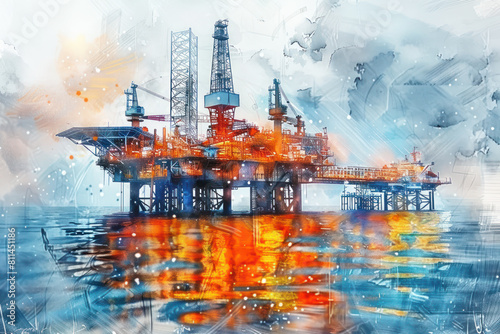 Orange watercolor paint of engineers working on offshore oil and gas drilling