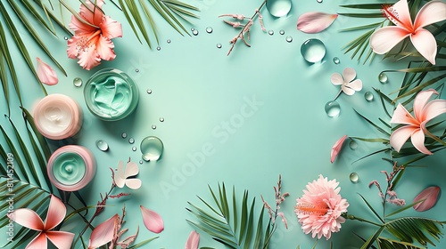 Tropical spa background with a pastel green and pink color palette, presented as a flat lay composition suitable for beauty product advertisement. The top view shows body cream jars surrounded by exot photo
