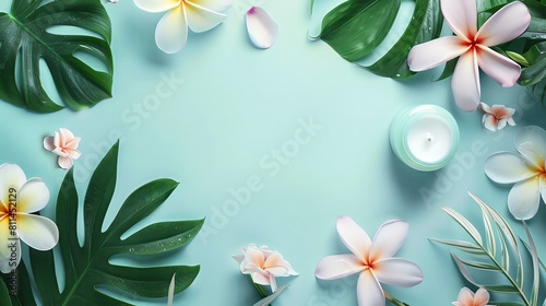 Tropical spa background with a pastel green and pink color palette, presented as a flat lay composition suitable for beauty product advertisement. The top view shows body cream jars surrounded by exot photo