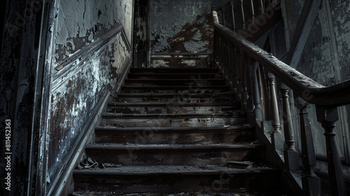 Old haunted house with a decrepit wooden staircase, eerie sounds and peeling paint.