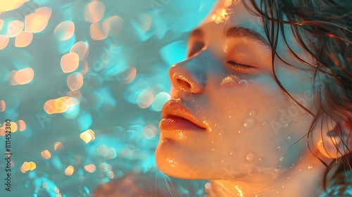beautiful woman with closed eyes in water, light orange and sky blue colors, glowing lights, dreamy atmosphere, closeup portrait photography, high resolution photography, detailed photo with sharp foc photo