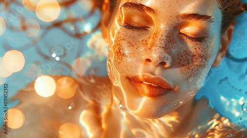 beautiful woman with closed eyes in water, light orange and sky blue colors, glowing lights, dreamy atmosphere, closeup portrait photography, high resolution photography, detailed photo with sharp foc photo