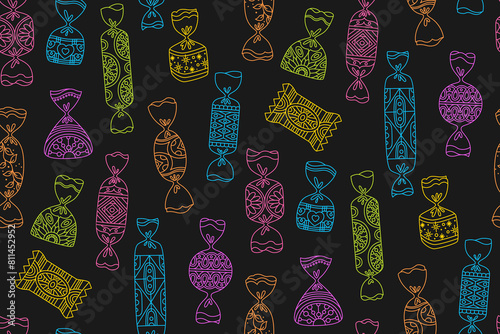 Candy wrapped sweets doodle seamless pattern. Bonbon lollipop trendy caramel boundless background. Tasty sugar snack endless linear design for paper print, fabric textile, wrapper backdrop vector