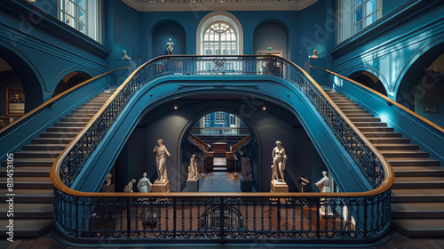 A bifurcated royal blue staircase in a historical museum, framed by statues and artistic displays.