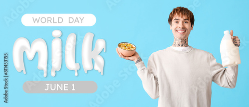 Man holding bowl with cereal rings and bottle of milk on blue background