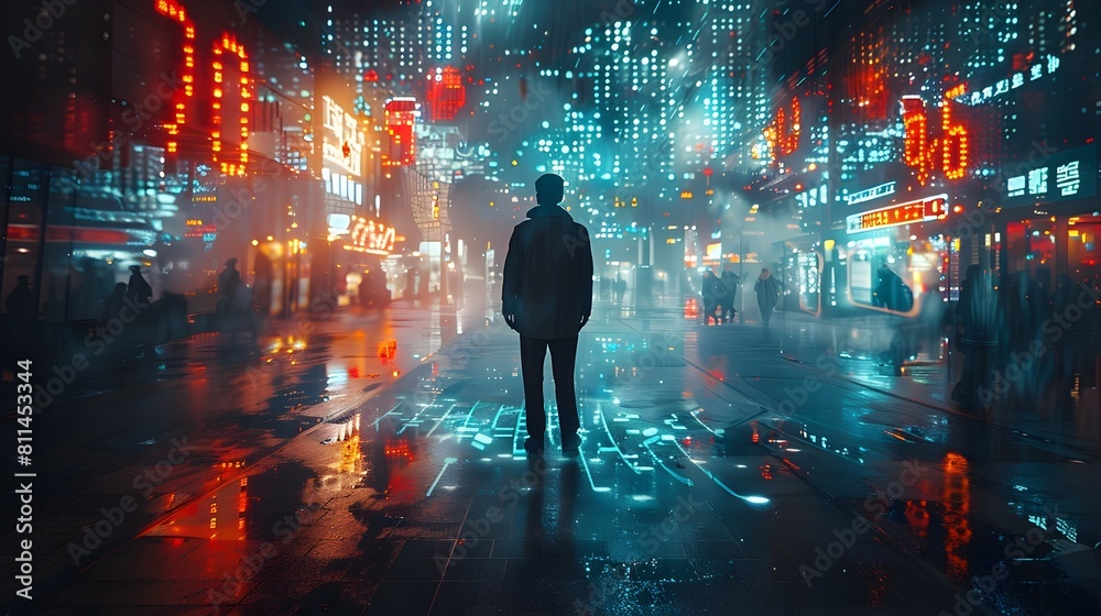 Solitary Silhouette Traversing a Neon-Lit City at Night