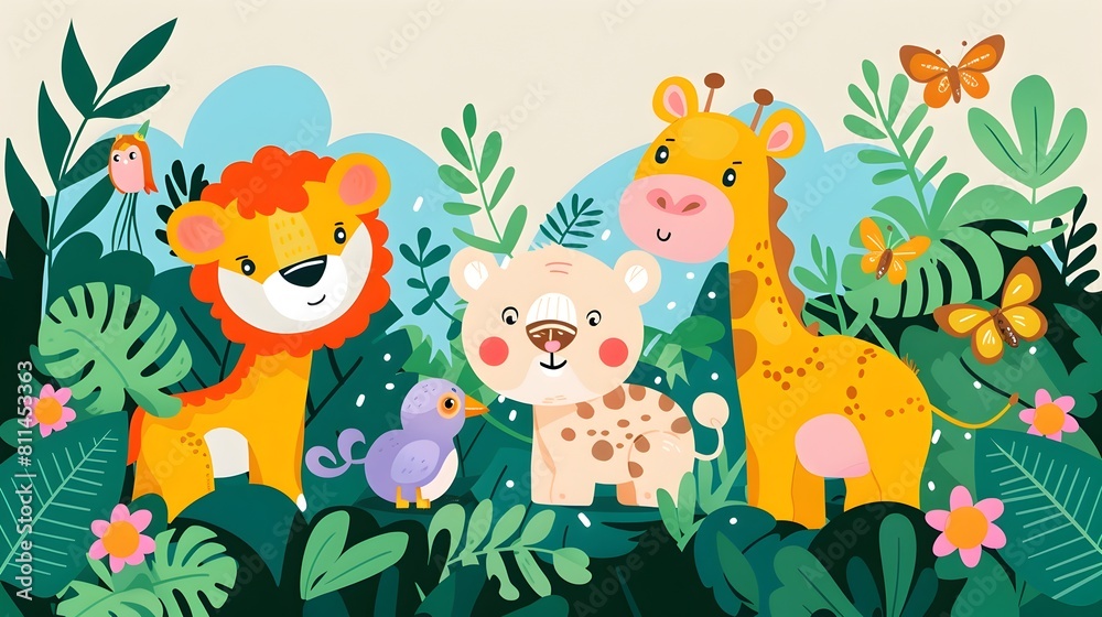 Naklejka premium Whimsical Jungle Adventure with Cute Cartoon Animals and Toddlers