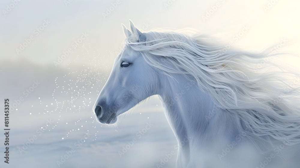 Enchanted Equine:Majestic White Horse with Flowing Mane Against Starry Skies