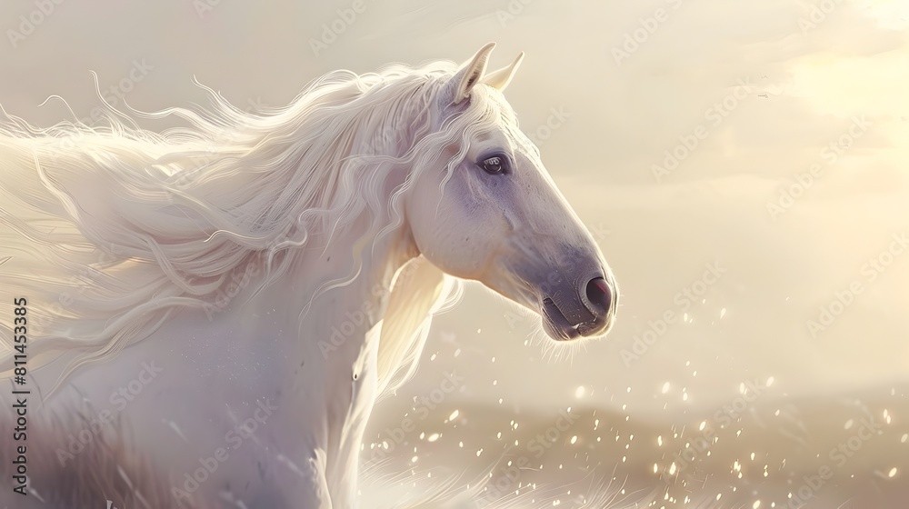 Ethereal White Horse with Flowing Mane Surrounded by Glittering Stars in the Sky