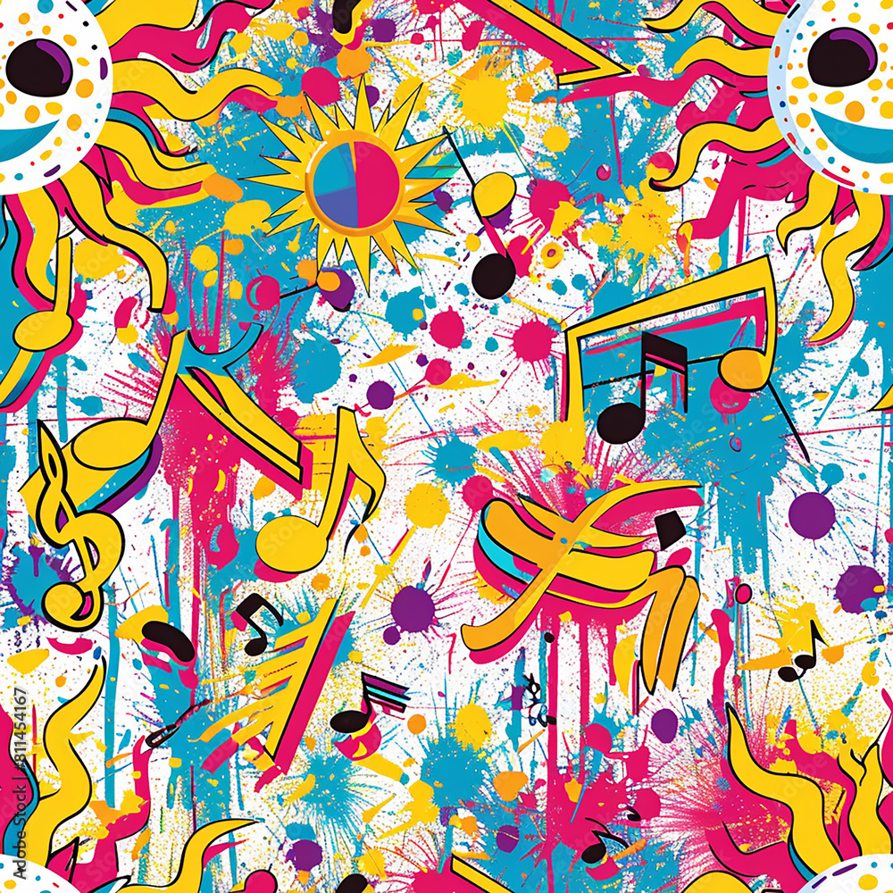 Obraz premium Colorful sunburst repeating pattern with music notes