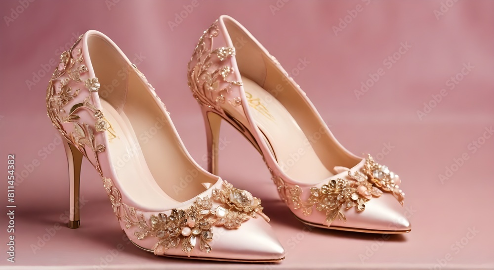 Blush pink bridal shoes and accenting jewelry with gold floral decoration. Pink background. Close up and top view.
