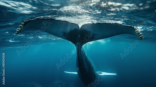 Captivating close-up of a majestic whale's raised dorsal fin in the wild ocean. Perfect for wildlife enthusiasts, nature lovers, and stunning wallpaper backgrounds. photo