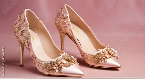 Blush pink bridal shoes and accenting jewelry with gold floral decoration. Pink background. Close up and top view.
