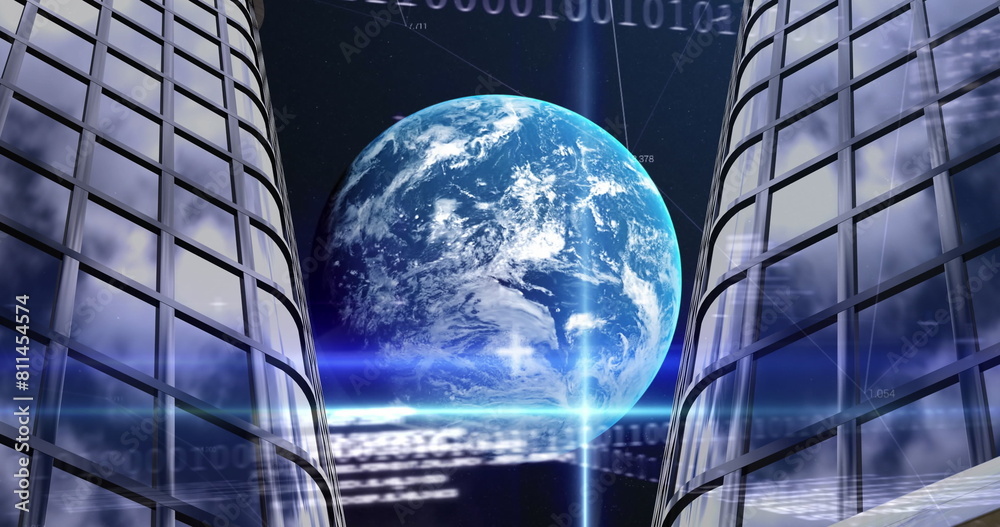 Schilderij op canvas Giant Earth, glowing in digital code, hovering between two skyscrapers