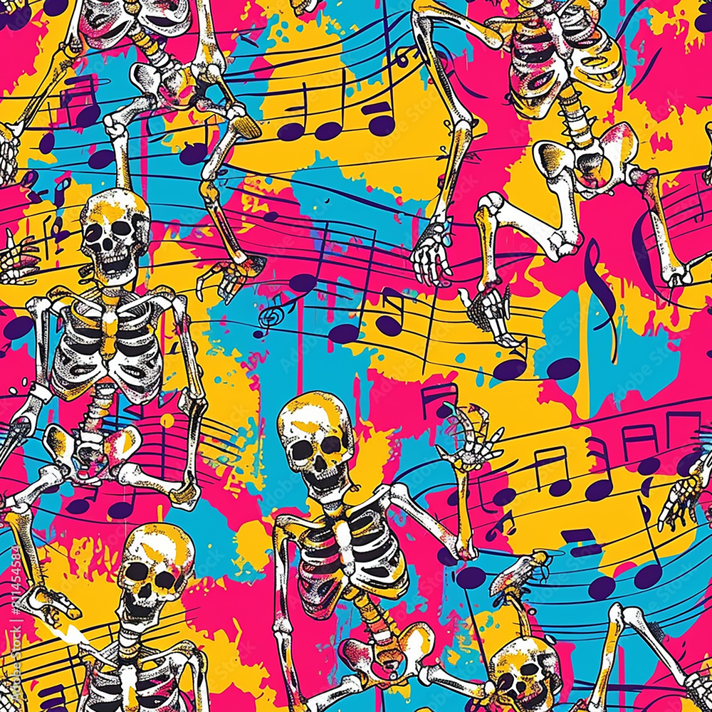 Fotografie Colorful repeating pattern of dancing skeletons with musical notes