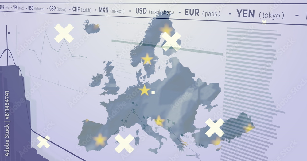 Obraz premium Map showing USD, EUR, and YEN across Europe, using symbols and lines