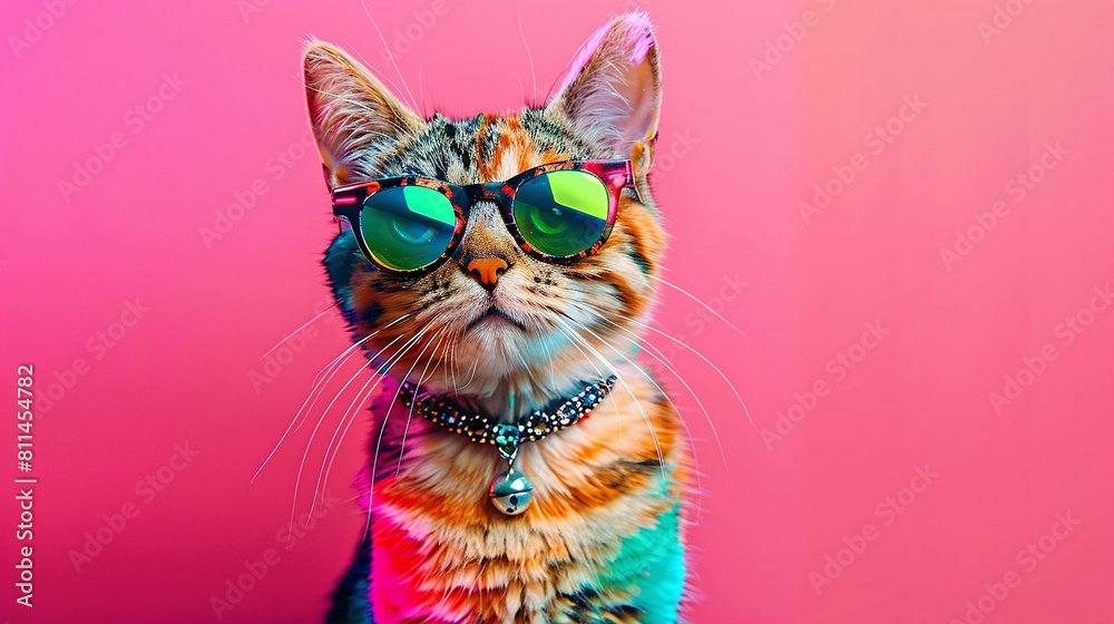 Fototapeta premium Vibrant cat portrait in glasses and necklace against a pink backdrop. Perfect for wallpapers and nature-themed designs. Colorful wildlife photography.