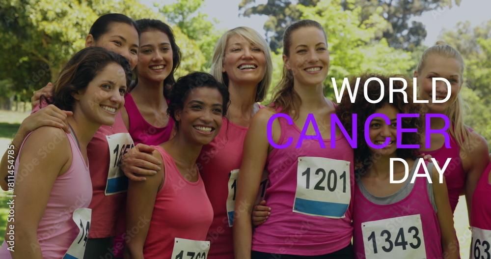 Obraz premium Image of world cancer day over happy diverse sportswomen