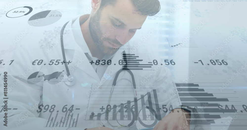 Image of data processing over caucasian male doctor Image of data processing over caucasian male doctor
