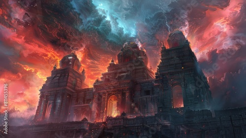 hindu temple under a dramatic sky, concept art painting photo