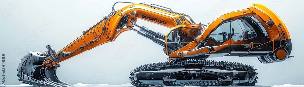 Naklejka premium Futuristic render of a backhoe loader with sleek, modern lines and chrome details, highlighted against a stark white environment