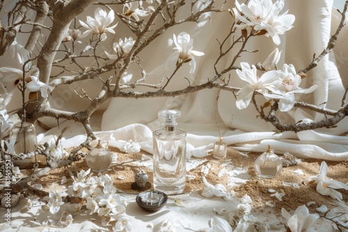 Aromatic essence contained in white glass adds a luxurious touch to the scent garden, where eau de parfum symbolizes refined perfume production photo