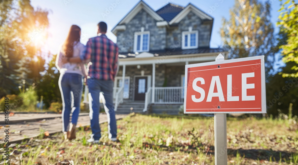 House for sale. Happy new buyer couple stand in front of modern luxury real estate intending to buy House for sale. Happy new buyer couple stand in front of modern luxury real estate intending to buy