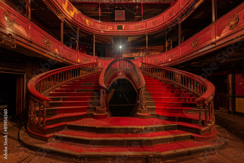 Another view of a scarlet red bifurcated staircase in a vintage theater from the stage. photo