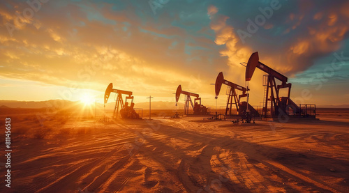 Large oil rig is in the desert. Concept of oil exploration, earth exploitation and corporate greed photo