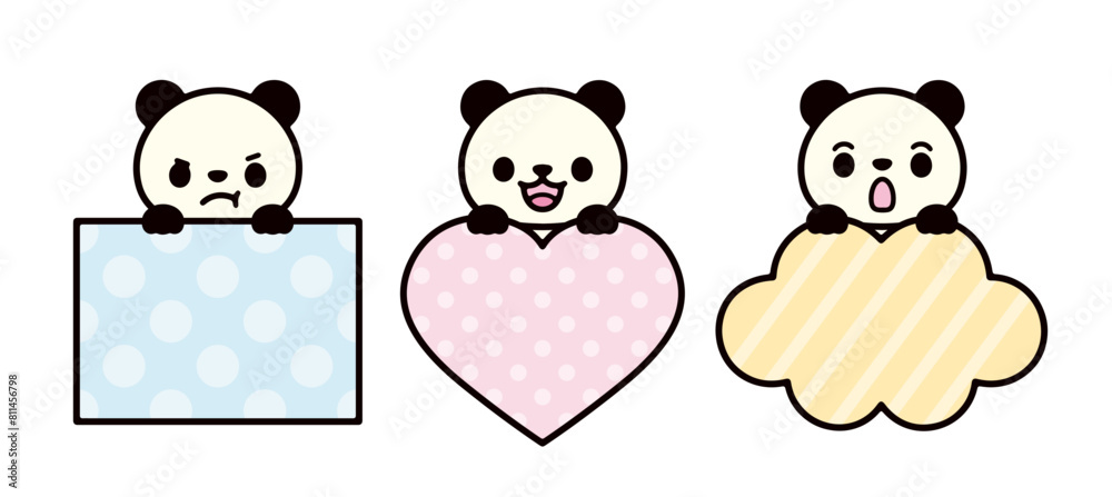 illustration set of cute panda holding a heart or cloud shaped message board
