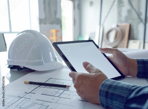 Hand holding a tablet, with a construction helmet on the table and building blueprints with a digital glass in the background.