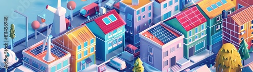 Create illustrations that depict community microgrid systems powered by local renewable energy sources, such as rooftop solar panels and small wind turbines, demonstrating how decentralized energy net
