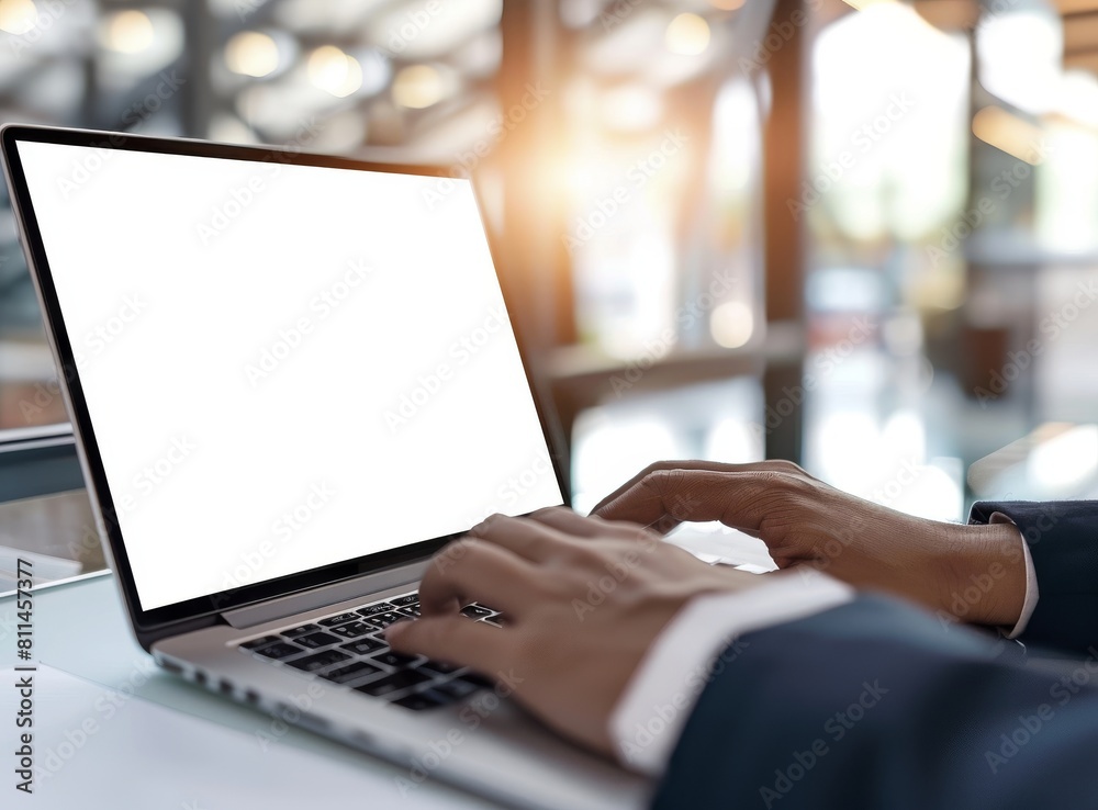 Man's hands typing on a laptop with a blank white screen, in a close up shot, with an office background, in the style of a stock photo mockup. Man's hands typing on a laptop with a blank white screen, in a close up shot, with an office background, in the style of a stock photo mockup.