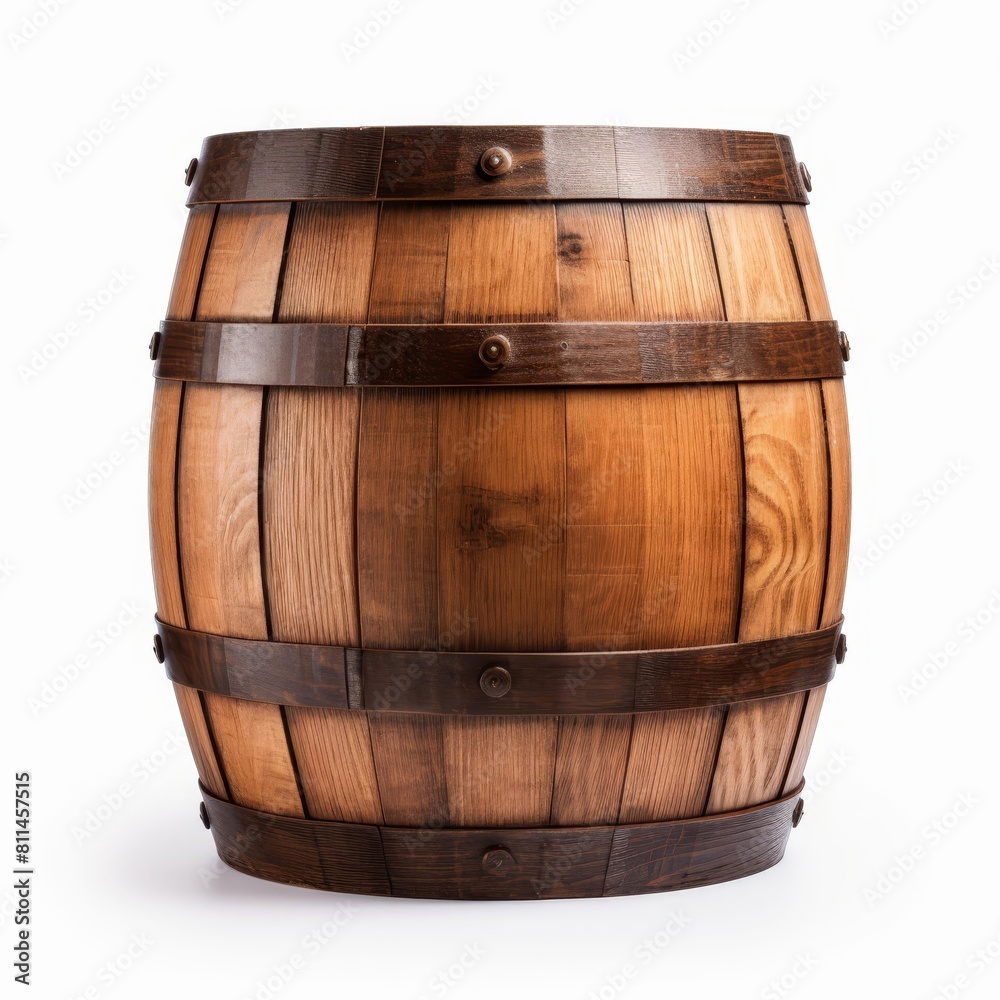 Obraz premium Single wooden barrel displayed on a pure white background, Ai Generated