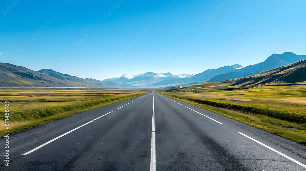 a highway road had a beautiful landscape background. The clean asphalt floor had white markings for advertising and travel or car concepts

