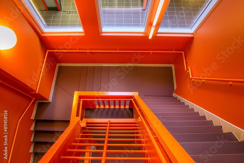 Overhead view of a bright orange staircase in a college dorm, leading down to a busy lobby.