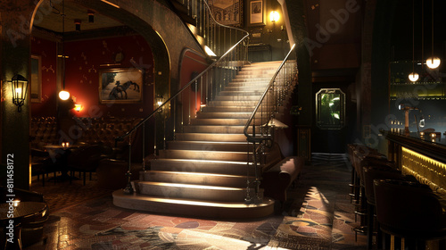 Dimly lit staircase in a speakeasy bar, with the soft sound of jazz in the air.