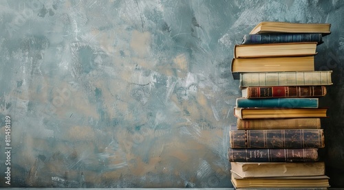 Stack of books on the right side with copy space for text and a pastel colored background.
