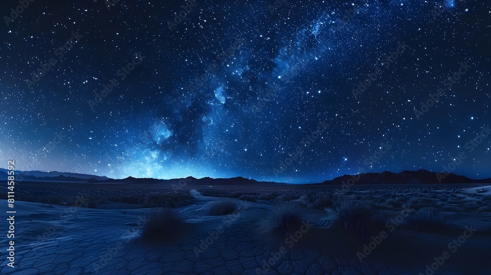 Starry night sky over the desert, with stars and constellations illuminating the vast expanse of open space. The dark blue tones create an atmosphere that is both awe-inspiring and tranquil.