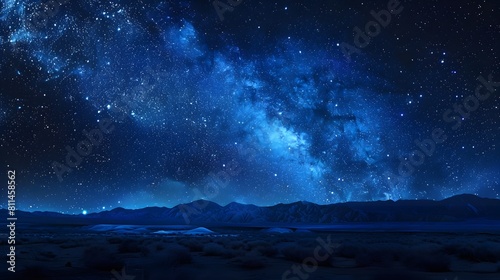 Starry night sky over the desert  with stars and constellations illuminating the vast expanse of open space. The dark blue tones create an atmosphere that is both awe-inspiring and tranquil.