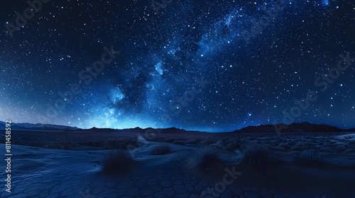 Starry night sky over the desert, with stars and constellations illuminating the vast expanse of open space. The dark blue tones create an atmosphere that is both awe-inspiring and tranquil.