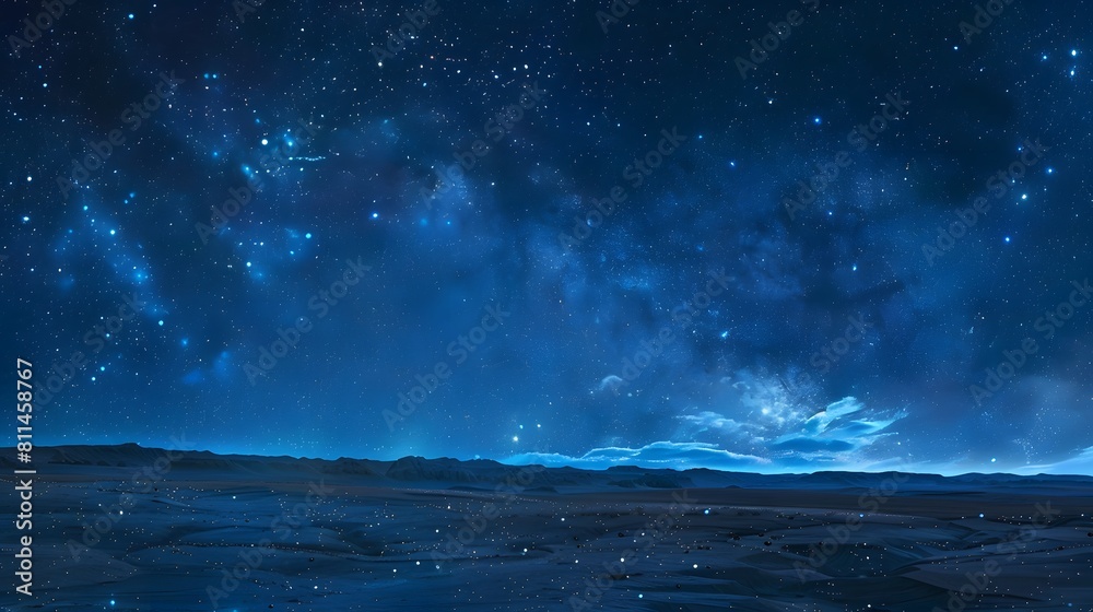 Starry night sky over the desert, with stars and constellations illuminating the vast expanse of open space. The dark blue tones create an atmosphere that is both awe-inspiring and tranquil. Starry night sky over the desert, with stars and constellations illuminating the vast expanse of open space. The dark blue tones create an atmosphere that is both awe-inspiring and tranquil.